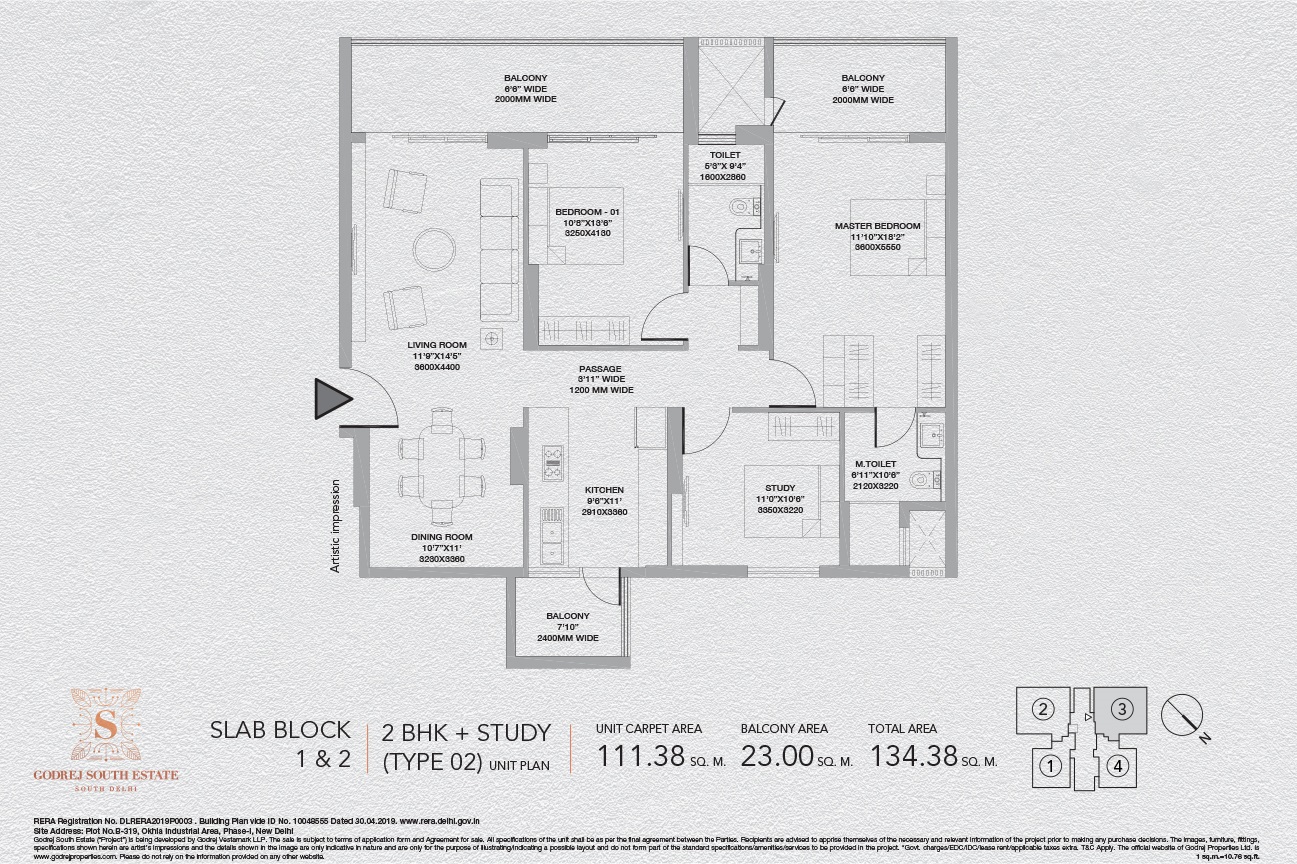 2 BHK + Study - 134.38 SQ.M.